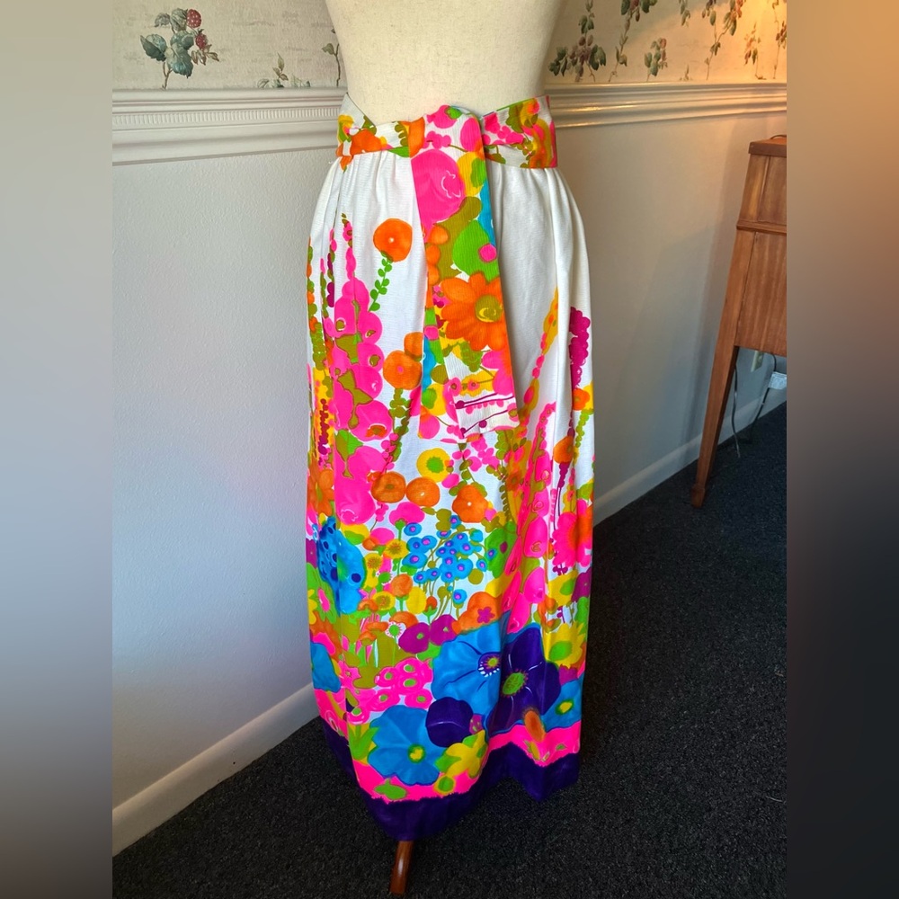 Vintage 60s 70s Psychedelic Neon Floral Hawaiian Maxi Skirt